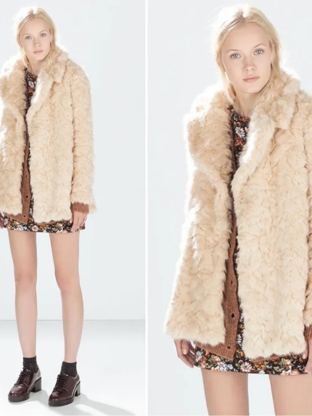 Zara Cream Faux Fur Coat Small
